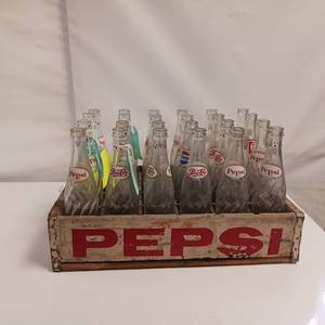 lot 18 image: Authentic (circa 1960s) Wooden Pepsi Crate with Vintage Bottles included