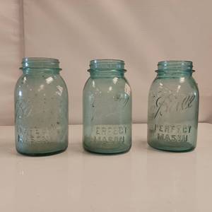 lot 24 image: 3 Vintage Blue Ball Jars