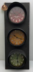 lot 18 image: The Barrel Shack-The Crossing-Handmade Wall Clock 3 Faces Traffic Light Signal (LAST ONE) 32 12 H x 12 L x 8 W 1- Glass missing 