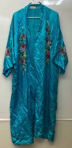 lot 34 image: 1970s - 80s Golden Bee Brand  Silk Robe Kimono Aqua With Embroidered Flower Design Size Med.