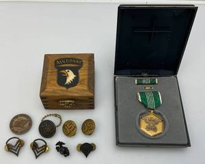 lot 139 image: Military US Army Commendation Medal For Military Merit Bronze & Misc.  Medals With Handmade Airborne Wooden Box 3 14 x 3 14 x 2
