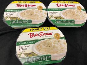 lot 6 image: 3 boxes of Bob Evans Family Size Sour Cream & Chives Mashed Potatoes