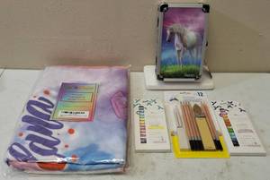 lot 10 image: Unicorn Vaultz Locking Supply Box, Drawing Pencils, (2) Interchangeable Pen sets & Unicorn Towel (View Photos