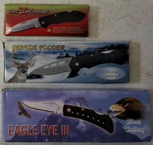 lot 29 image: Pocket Knives (1) Frost Cutlery - Eagle Eye III  15 - 109B (1) Whitetail - Gentle Folder  WT - 176B (1) Tac Xtreme - TX - 181B NEW (See Photos to View Knives & Details)