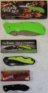 lot 30 image: More Pocket Knives (1) Buck Shot Cutlery - Mustang Trapper  18 - 285GR (1) Tac Xtreme - Tac - Lockback  TX - 089GRN (1) Tac Xtreme  TX -181B NEW (See Photos to View Knives & Details)