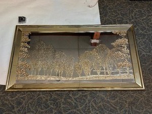 Vintage MCM Regency Gold Mirror With Etched Tree