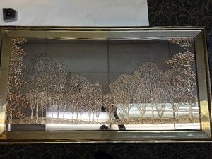 Vintage MCM Regency Gold Mirror With Etched Tree