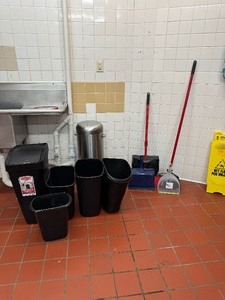 lot 100 image: Lot of Brooms, Dustpans, and Garbage Cans