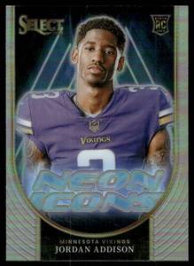 lot 16 image: Jordan Addison RC Silver Holo 2023 Panini Select Neon Icons #NI-JAD Minnesota Vikings  Football Card