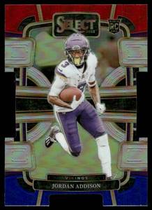 lot 29 image: Jordan Addison Red White Blue Die Cut RC 2024 Select Prizm Concourse #66 Minnesota Vikings  Football Card