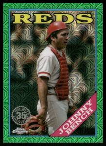 lot 65 image: Johnny Bench 7999 2022 Topps Chrome Platinum Anniversary  Green Mojo Refractor #T88CU-50 Cincinnati Reds  Baseball Card