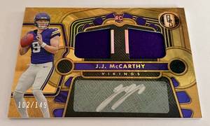 JJ McCarthy RPA Auto Relic RC /149 2024 Gold Standard #1, Numbered 102/149, Rookie Minnesota Vikings Football Card