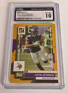 lot 5 image: Justin Jefferson Gem Mint 10 2022 Donruss Press Proof Premium #103 Minnesota Vikings Football Card