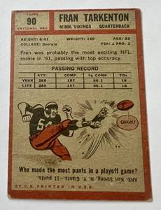 Fran Tarkenton RC 1962 Topps #90 Rookie Vintage Minnesota Vikings Football Card