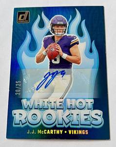 lot 5B image: JJ McCarthy Auto RC 25 2024 Donruss White Hot Rookies #WH-1, numbered 2025, Rare Minnesota Vikings Football Card