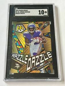 lot 7B image: Jordan Addison RC SGC 10 Gem Mint 2023 Mosaic Razzle Dazzle #RD-28 Rookie Minnesota Vikings Football Card