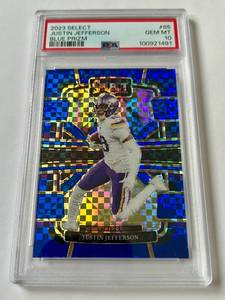 lot 8B image: Justin Jefferson PSA 10 Gem Mint 2023 Select Blue Prizm #65 Minnesota Vikings Football Card