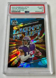lot 9B image: Justin Jefferson PSA 9 2023 Donruss Optic Light It Up Ice #LUJ-N Minnesota Vikings Football Card