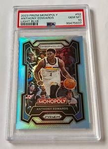 lot 12B image: Anthony Edwards PSA 10 Gem Mint 2023 Prizm monopoly Light Blue #52 Minnesota Timberwolves Basketball Card