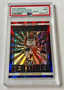 lot 13B image: Anthony Edwards 15 PSA 9 2020 Donruss Franchise Features Red, While, and Blue Laser Holo #17, numbered 0215, Rare Minnesota Timberwolves Basketball Card