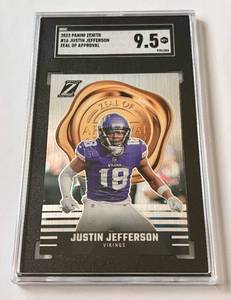 lot 16B image: Justin Jefferson SGC 9.5 Mint 2023 Zenith Zeal of Approval #16 Minnesota Vikings Football Card
