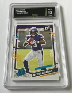 lot 138D image: Jordan Addison Graded 10 Gem Mint RC 2023 Donruss Rated Rookie #368 Minnesota Vikings Football Card