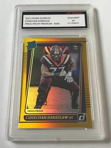 lot 139D image: Christian Darrisaw Graded 10 Gem Mint RC 2021 Donruss Rated Rookie Press Proof Premium #340 Minnesota Vikings Football Card