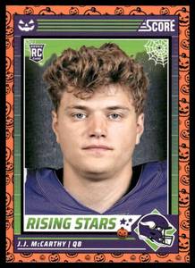 lot 29B image: J.J. McCarthy RC 2024 Score-A-Treat Rising Stars Orange Pumpkin #19 Minnesota Vikings Football Card