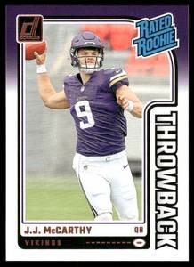 lot 59B image: J.J. McCarthy RC 2024 Donruss Throwback Rated Rookie #2 Minnesota Vikings Football Card
