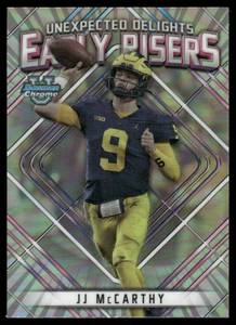 lot 80A image: JJ McCarthy RC 2023 Bowman University Chrome Unexpected Delights Early Risers #ER-3 Michigan Wolverines Football Card