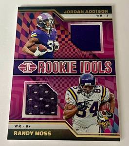 lot 9A image: Randy Moss and Jordan Addison Dual Relic 2023 Illusions Rookie Idols #EI-WWE Minnesota Vikings Football Card