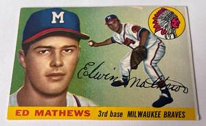 lot 16A image: Eddie Mathews 1955 Topps #155 Vintage Baseball Card (trimmed all around)