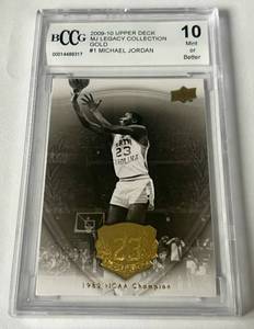 lot 16C image: Michael Jordan BCCG 10 Gem Mint 2009-10 Upper Deck MJ Legacy Collection Gold #1 Basketball Card