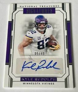 lot 19A image: Kyle Rudolph Auto 49 2018 National Treasures Signatures #S-KR, numbered 0549, Signed Minnesota Vikings Football Card