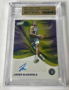 lot 21A image: Jaden McDaniels Auto 35 Beckett Authentic 2022-23 Panini Player of the Day Autograph, numbered 2235, Minnesota Timberwolves Basketball Card
