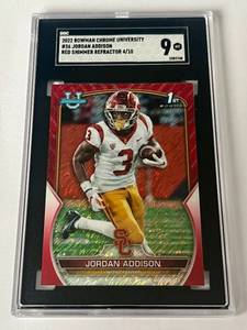 lot 29A image: Jordan Addison 10 RC SGC 9 Mint 2022 Bowman Chrome University #36 Red Shimmer Refractor, numbered 410, Rookie Minnesota Vikings Football Card