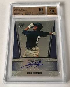 lot 65A image: Eric Komatsu Auto Beckett 10 Pristine 10 Auto Graded 2011 Leaf Metal Draft Rainbow Blue #EK1 Rookie Baseball Card