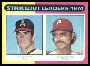 lot 104B image: 1974 Strikeout Leaders - Nolan RyanSteve Carlton 1975 Topps #312 California AngelsPhiladelphia Phillies Baseball Card