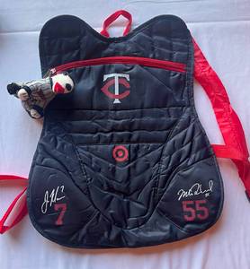 lot 41D image: Joe Mauer  Mike Redmons Catcher Backpack Target Stadium Giveaway