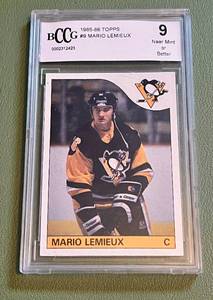 lot 9D image: Mario Lemieux RC 1985-86 Topps #9 Vintage Rookie Hockey Card - BCCG Graded 9 Near Mint