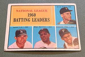 lot 128B image: Roberto Clemente, Willie Mats 1961 Topps NL Batting Leaders #41 Vintage Baseball Card