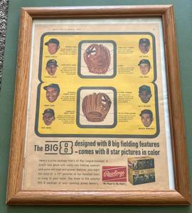 lot 64D image: Vintage Rawlings Baseball Glove Newspaper Advertisement Framed - Mickey Mantle, Spahn, Williams, Robinson