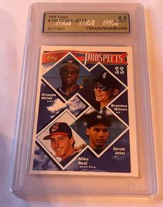 lot 213 image: Derek Jeter RC Graded 8.5 1995 Topps #199 Rookie Baseball Card