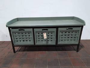 lot 101 image: Green Woven Storage Bench with Metal Frame
