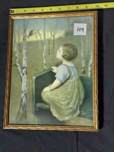 lot 109 image: Vintage Child & Bird Framed Art