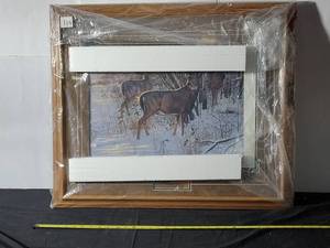 lot 114 image: Framed Deer Painting in Winter Scene