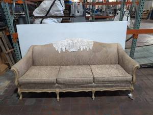 lot 243 image: Vintage Upholstered Sofa with Wood Accents