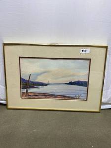lot 358 image: Framed Watercolor Riverscape by K. Nygaard Original Artwork
