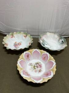 lot 369A image: Lot of 3 Vintage Floral Porcelain Bowls with Hand-Painted Designs