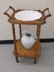 lot 381 image: Vintage Wooden Wash Stand with Ceramic Set